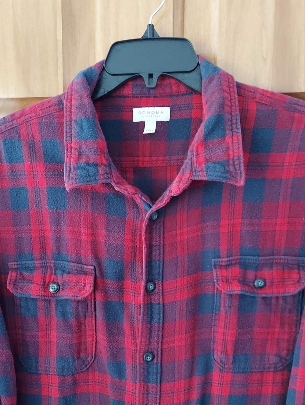Sonoma Men's Navy & Red Plaid Button-Down Fleece Shirt Chest Pockets Size 2XLT▪︎ - Picture 2 of 9